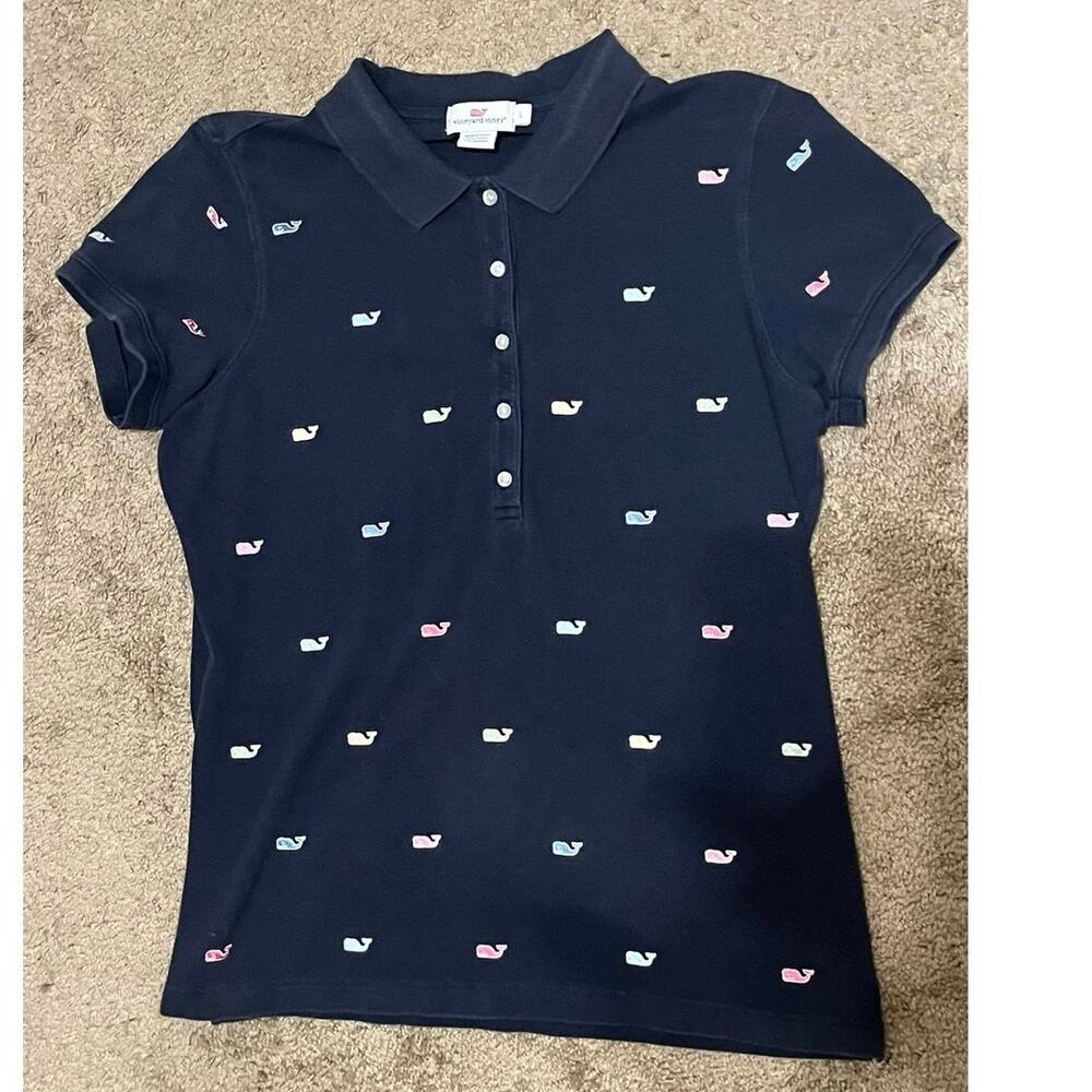 Vineyard Vines Whale Print Polo Shirt Large Preppy Coastal Golf Top Navy tennis